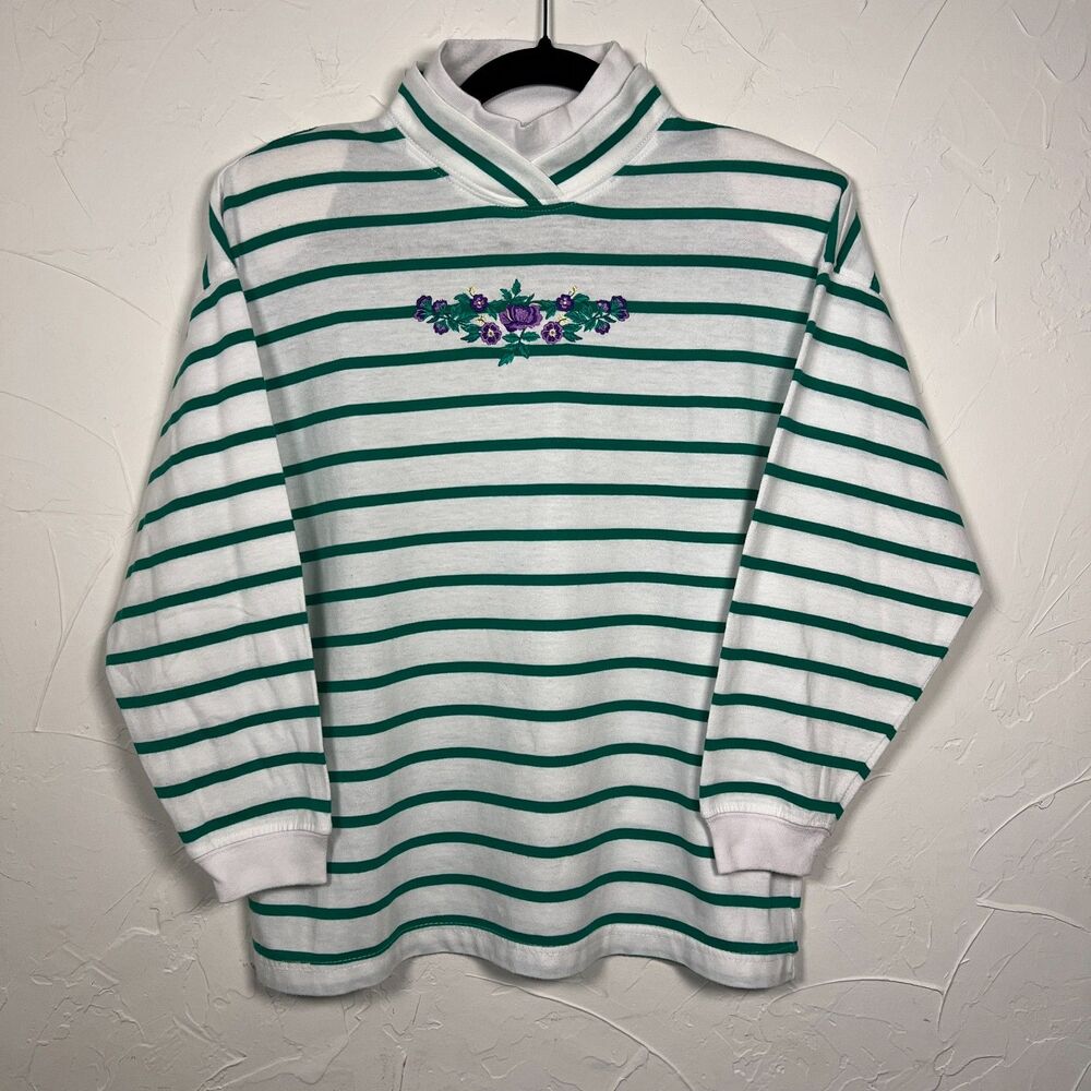 Vintage Mock Neck Sweatshirt Erika Green White Striped Floral Cottagecore Sz SP - Picture 4 of 11